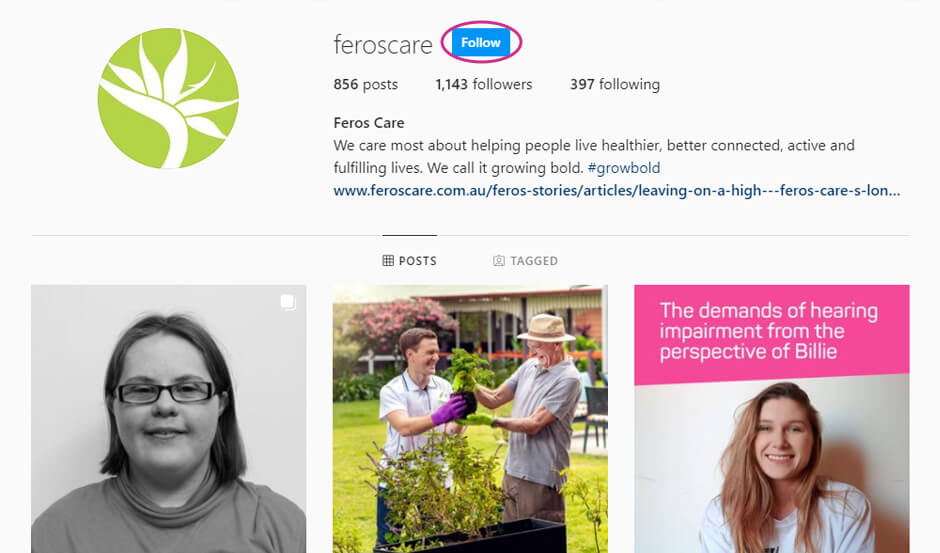 Screenshot of Feros Care Instagram page with Follow button circled