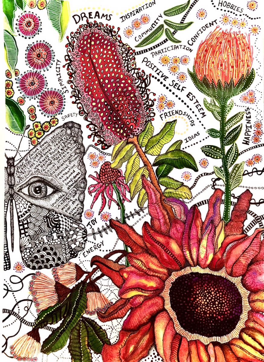 In Pursuit of Simplicity by Chantelle Lacroix - Artwork description: An artwork with a butterfly mask in black and white.There is an eye on the wing of the butterfly. The rest of the picture is colourful with Australian native flowers and positive words like Joy, dream, happiness written amongst the flowers..