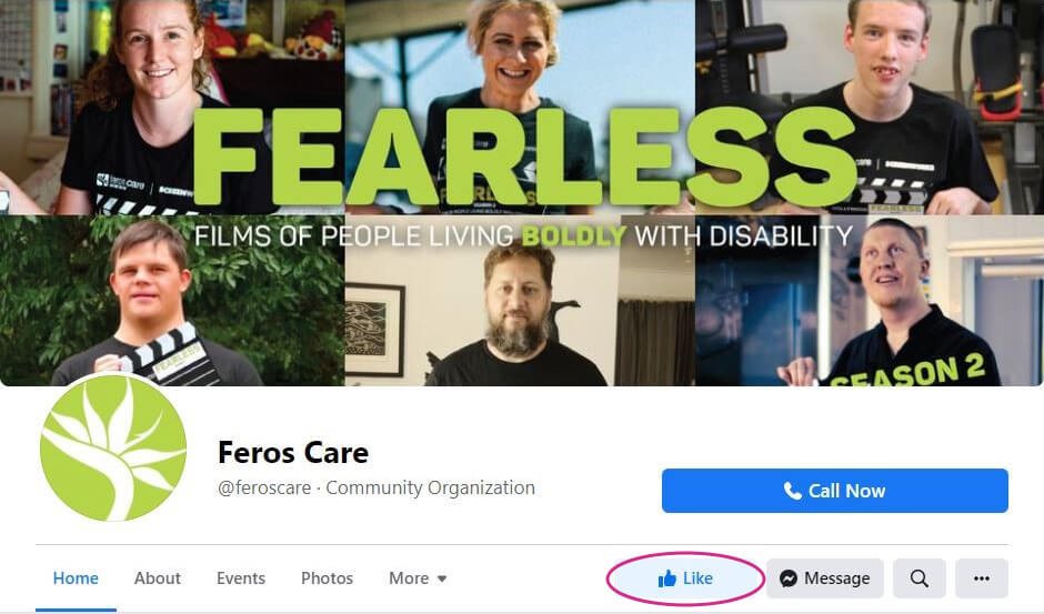 Screenshot of Feros Care's Facebook page with Like button circled
